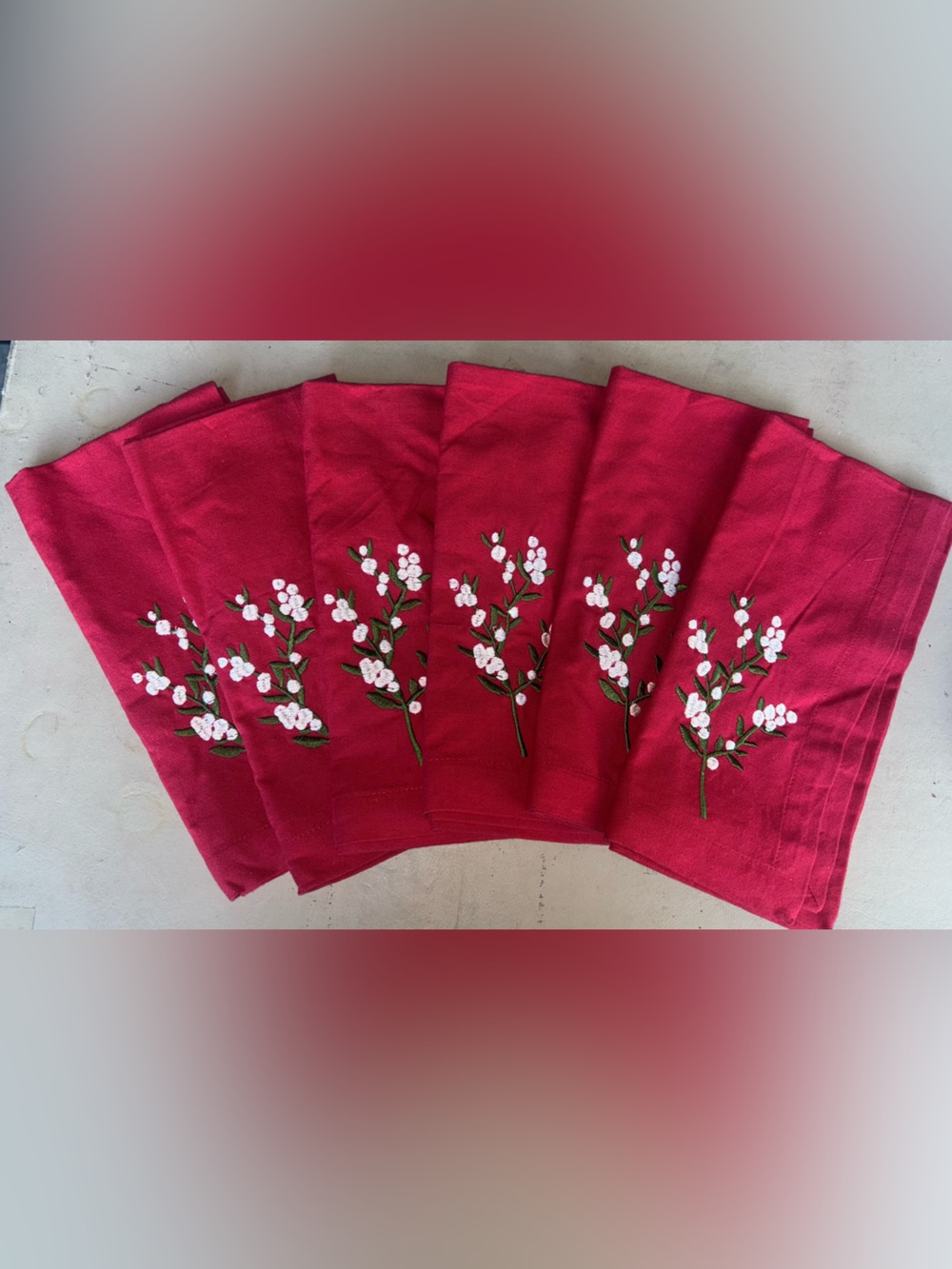 6 Tag Red Embroidered Floral Cotton Napkin Set
